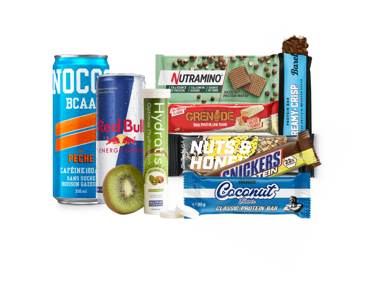 Sélection de produits du catalogue pro Fitmeid : boissons énergisantes, barres et snacks protéinés