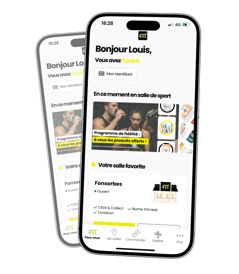 Application mobile Fitmeid — écran d'accueil avec programme de fidélité et salle favorite